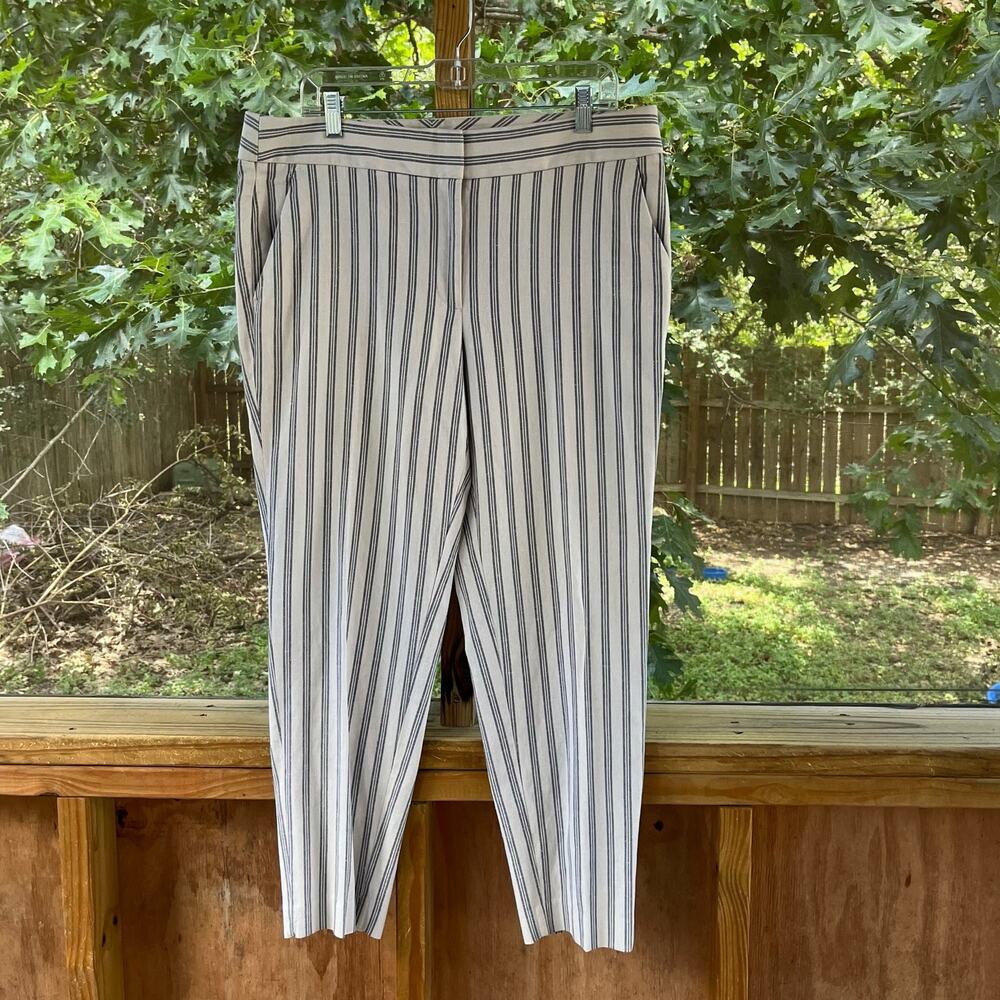 LOFT Women's White And Grey Striped Linen Blend Tapered Leg Pants Size 12